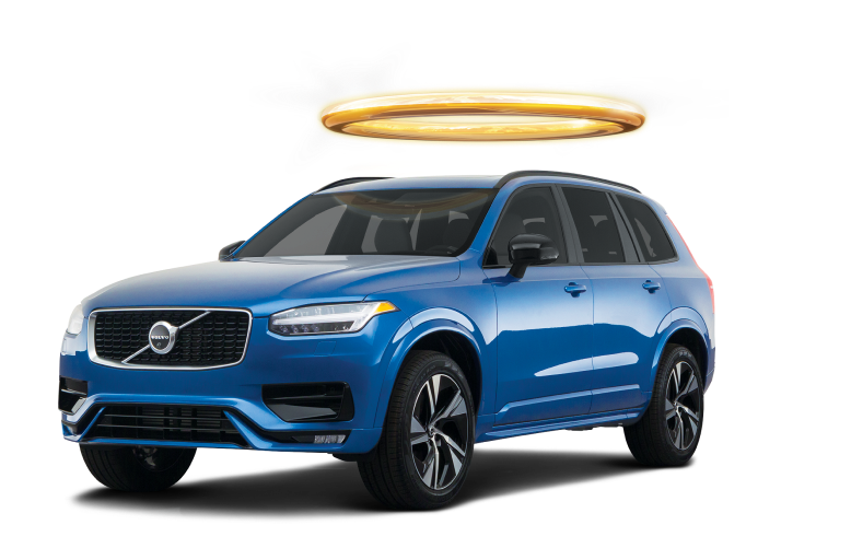 Blue car with halo above it